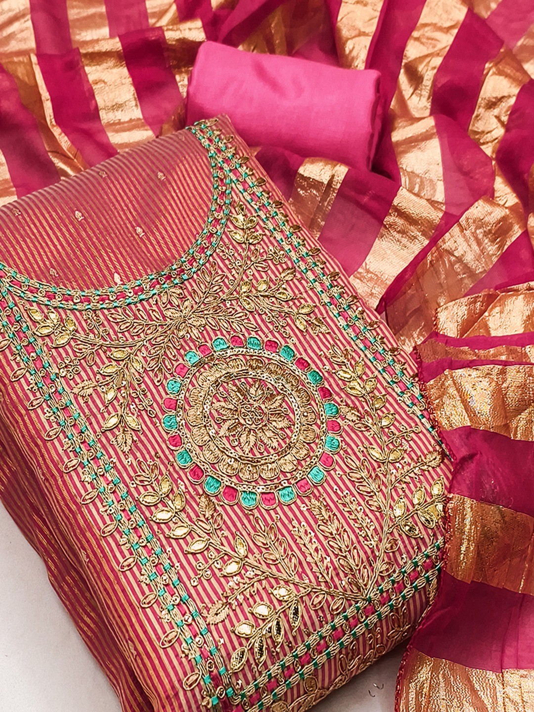 Pink Shimmer Suit Material with Elegant Embroidered Work - Image 3