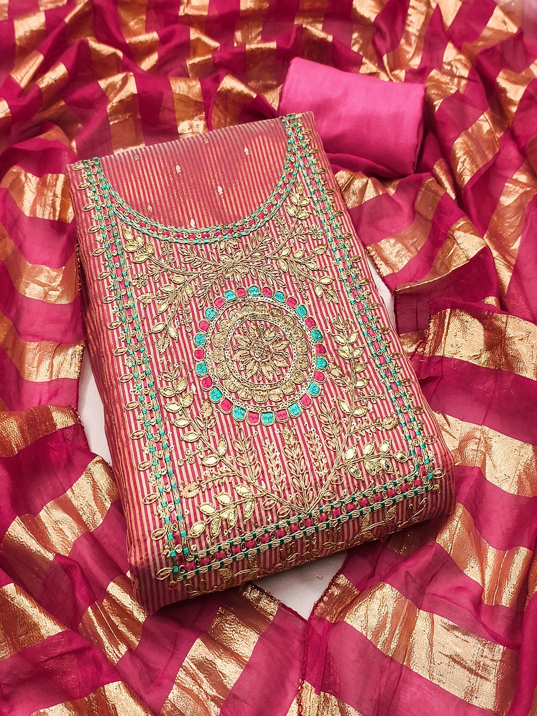 Pink Shimmer Suit Material with Elegant Embroidered Work - Image 5