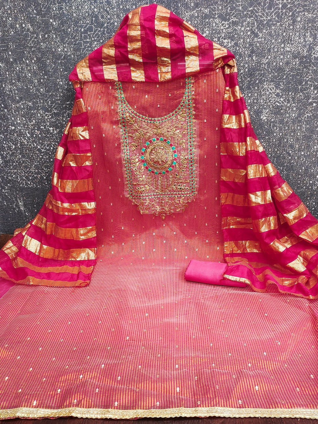 Pink Shimmer Suit Material with Elegant Embroidered Work - Image 6