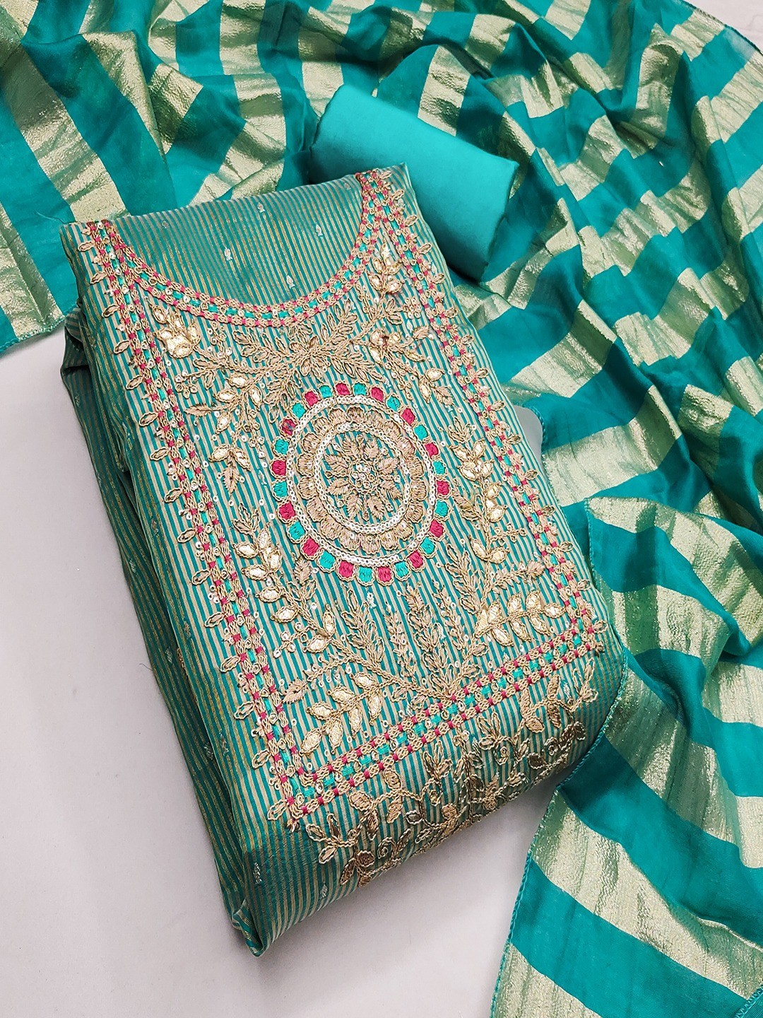 Turquoise Shimmer Suit Material with Elegant Embroidered Work - Image 6