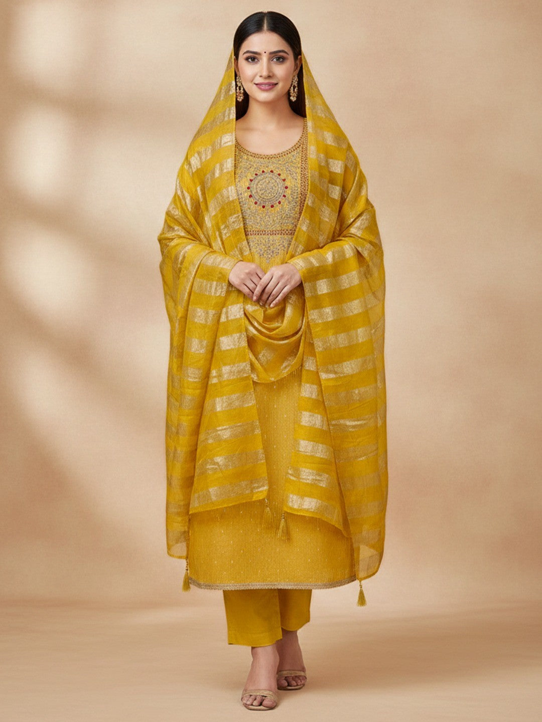 Mustard Shimmer Suit Material with Elegant Embroidered Work - Image 1
