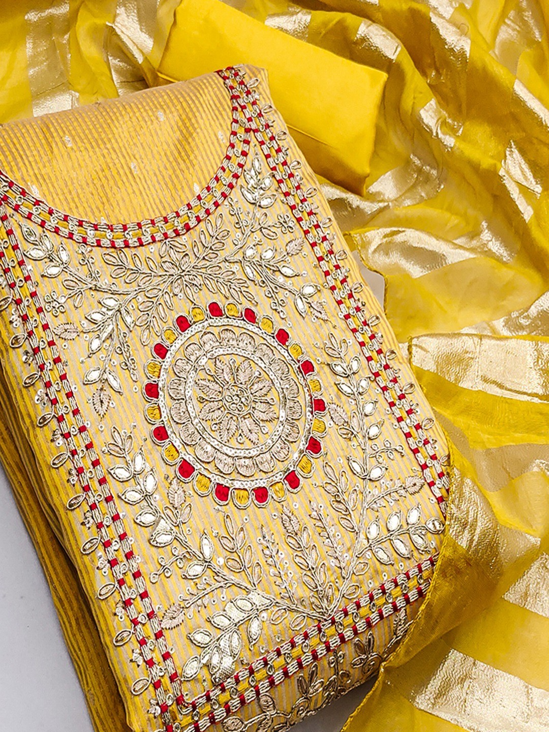 Mustard Shimmer Suit Material with Elegant Embroidered Work - Image 3