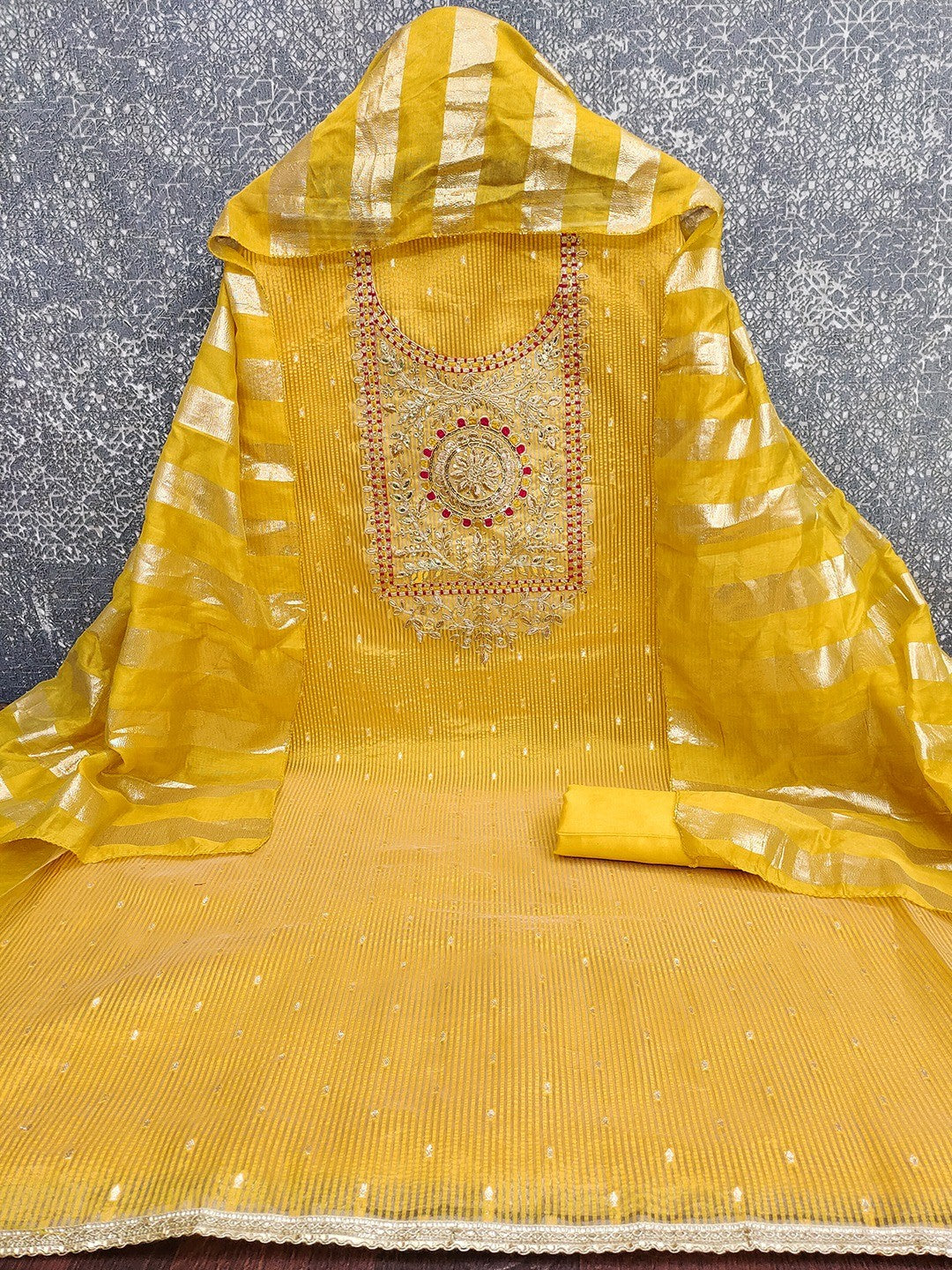 Mustard Shimmer Suit Material with Elegant Embroidered Work - Image 6