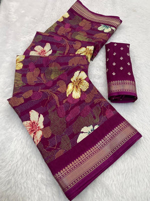 Purple Chanderi Silk Saree with Floral Motifs and Border - Image 2