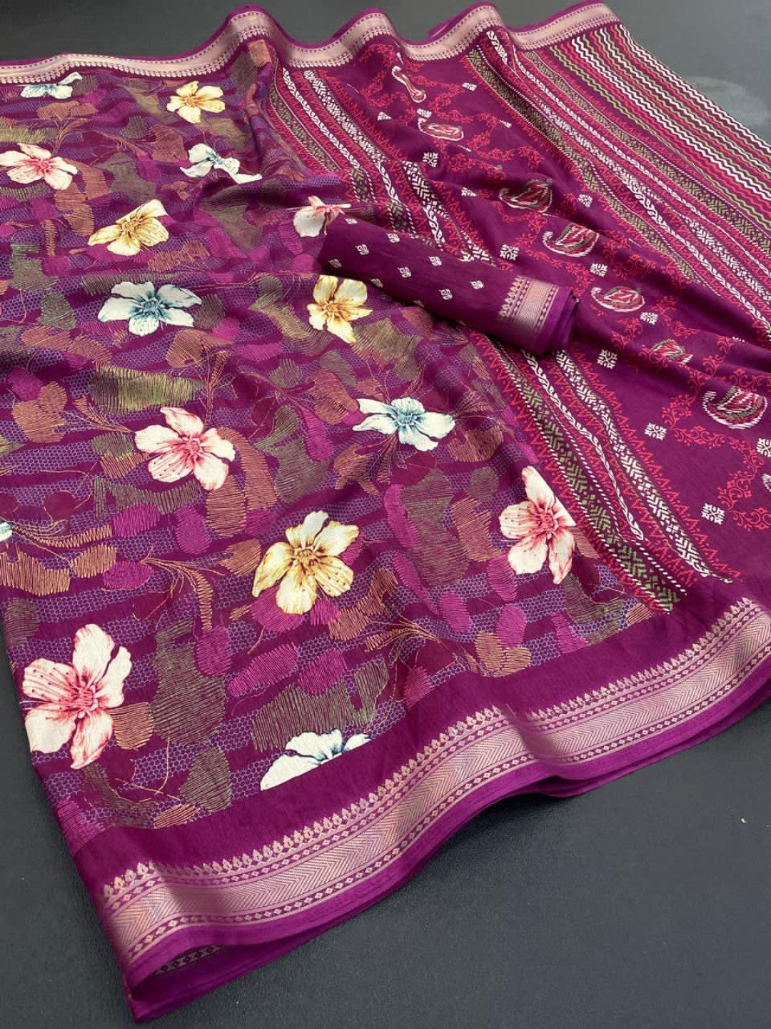 Purple Chanderi Silk Saree with Floral Motifs and Border - Image 3