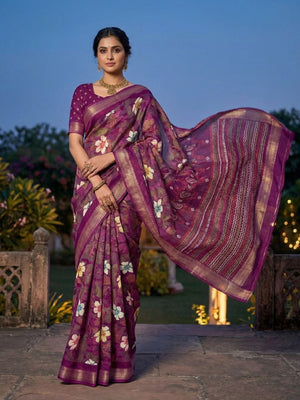 Purple Chanderi Silk Saree with Floral Motifs and Border - Image 1