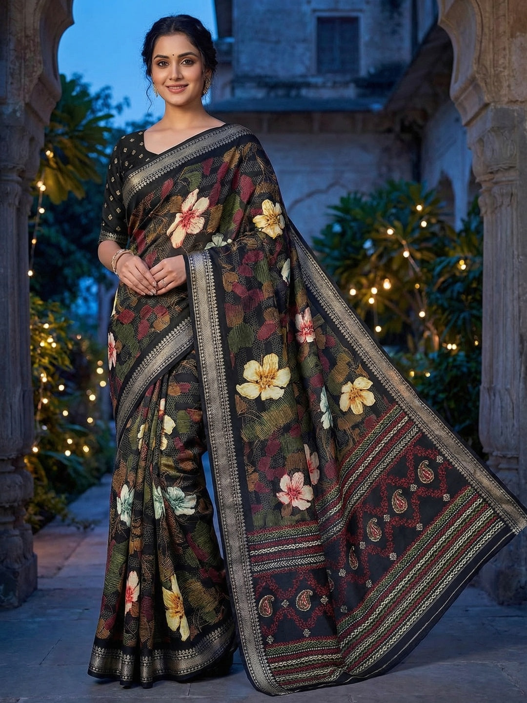 Black Chanderi Silk Saree with Floral Motifs and Border - Image 1