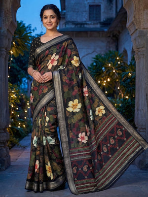 Black Chanderi Silk Saree with Floral Motifs and Border - Image 1