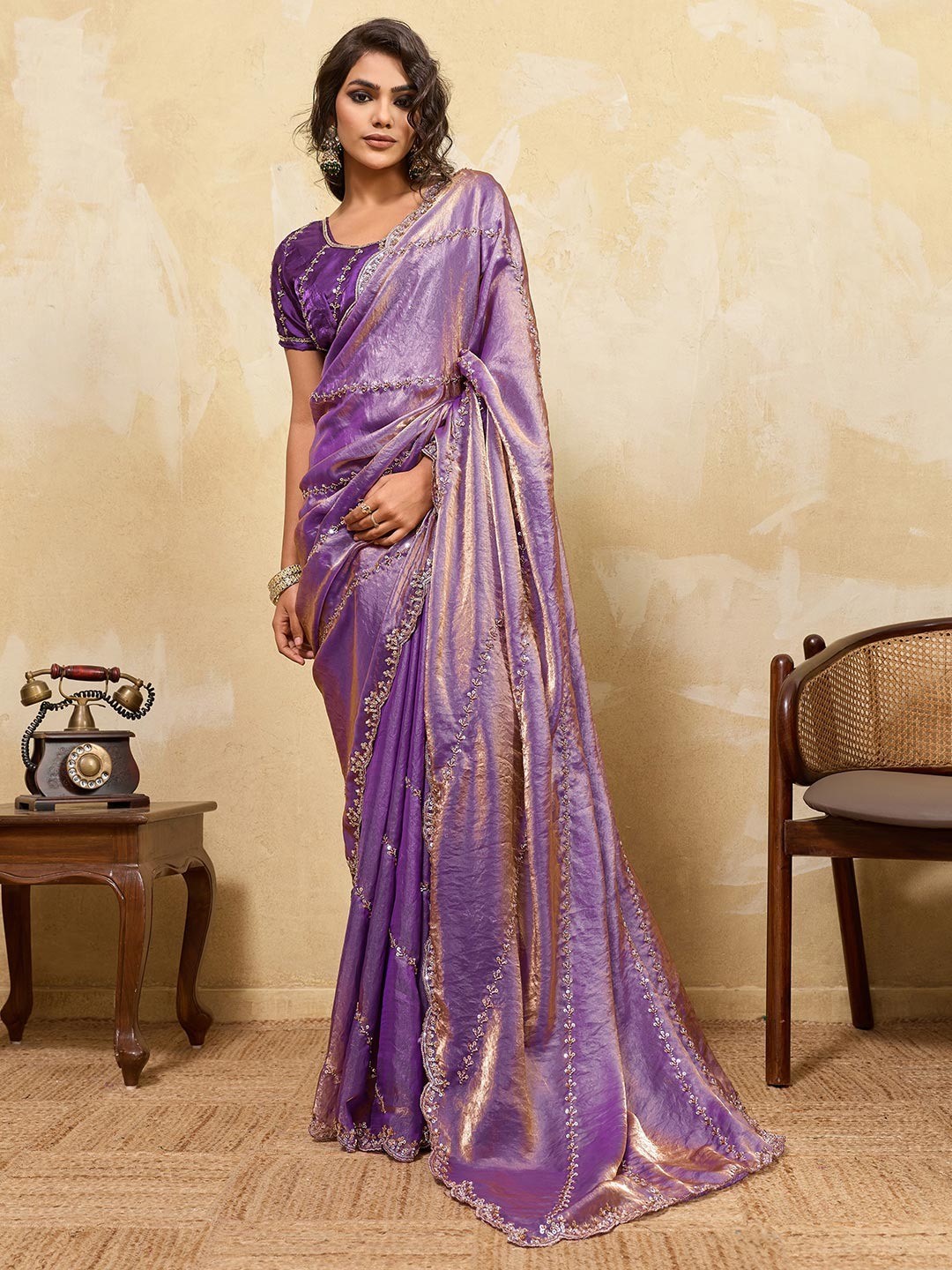 Elegant Lavender Sequins Embroidered Velvet Satin Saree Adorned With Beads & Cutdana Work - Image 1