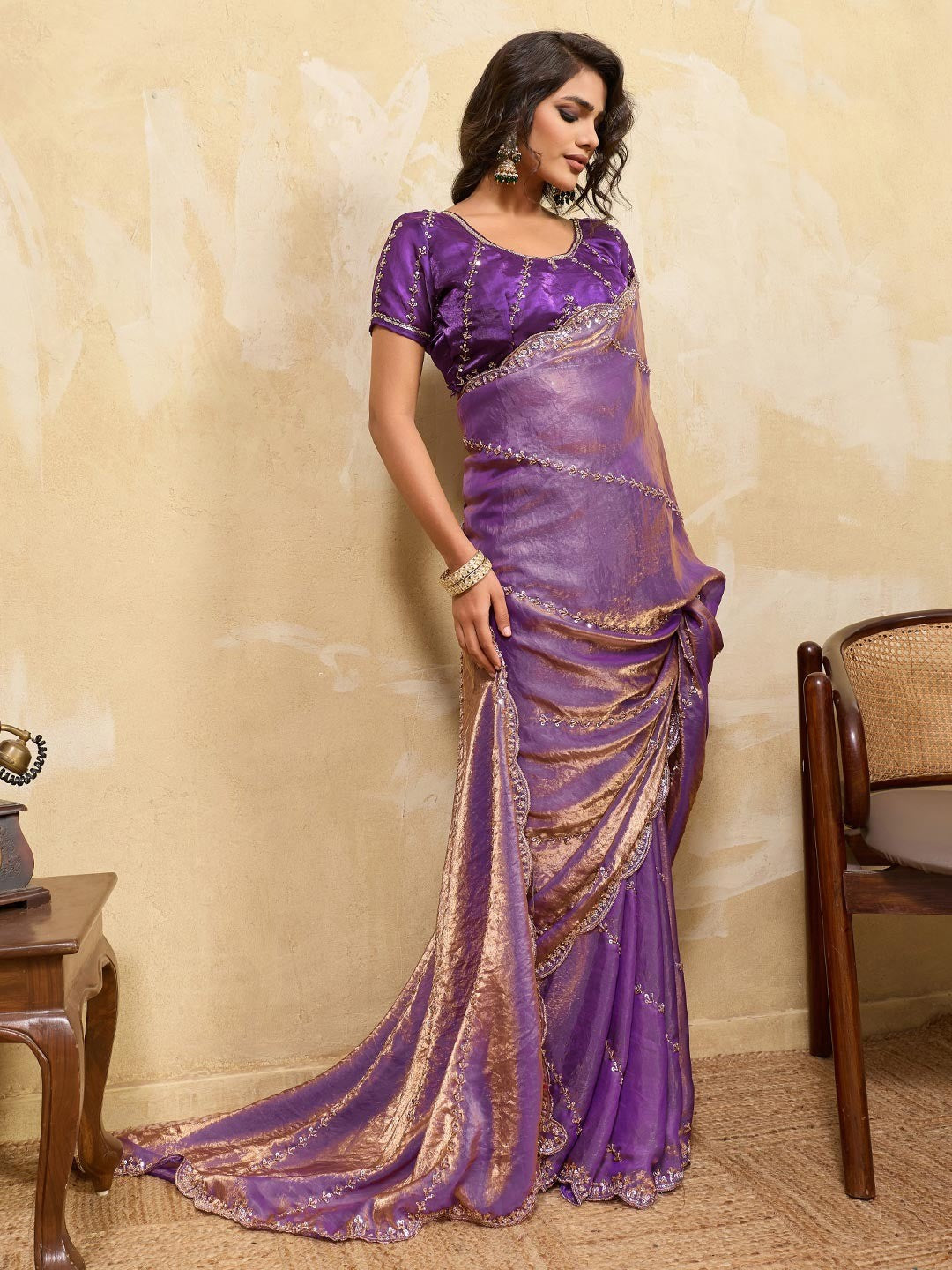 Elegant Lavender Sequins Embroidered Velvet Satin Saree Adorned With Beads & Cutdana Work - Image 3