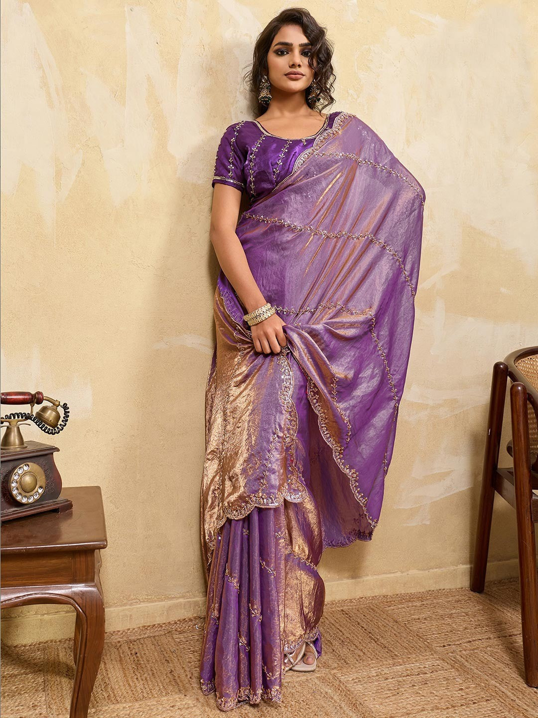 Elegant Lavender Sequins Embroidered Velvet Satin Saree Adorned With Beads & Cutdana Work - Image 4
