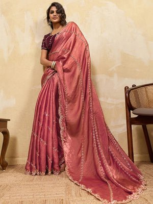 Elegant Dusty Rose Pink Sequins Embroidered Velvet Satin Saree Adorned With Beads & Cutdana Work - Image 1
