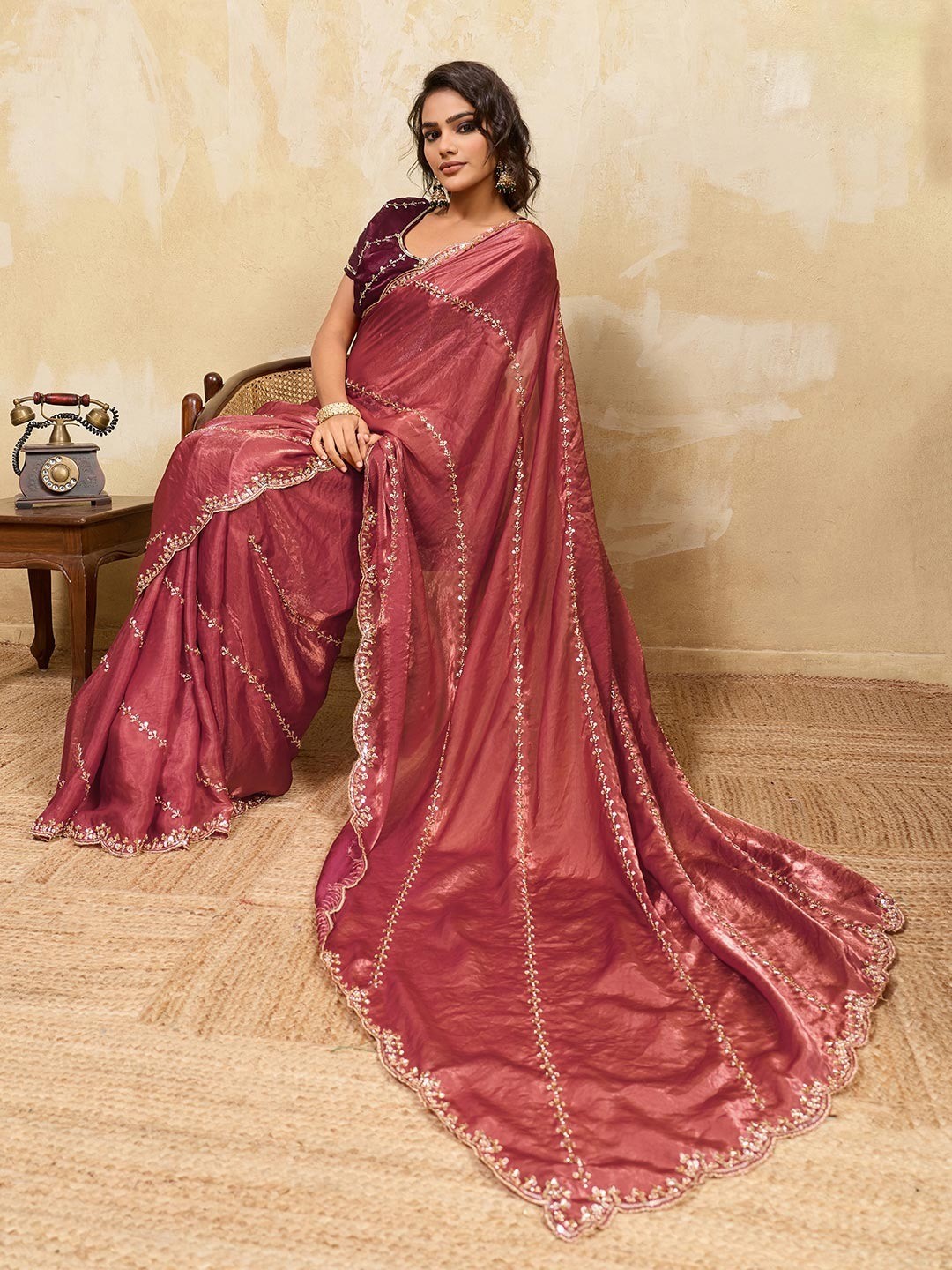 Elegant Dusty Rose Pink Sequins Embroidered Velvet Satin Saree Adorned With Beads & Cutdana Work - Image 2