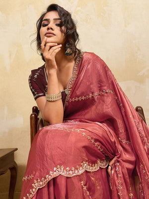 Elegant Dusty Rose Pink Sequins Embroidered Velvet Satin Saree Adorned With Beads & Cutdana Work - Image 2