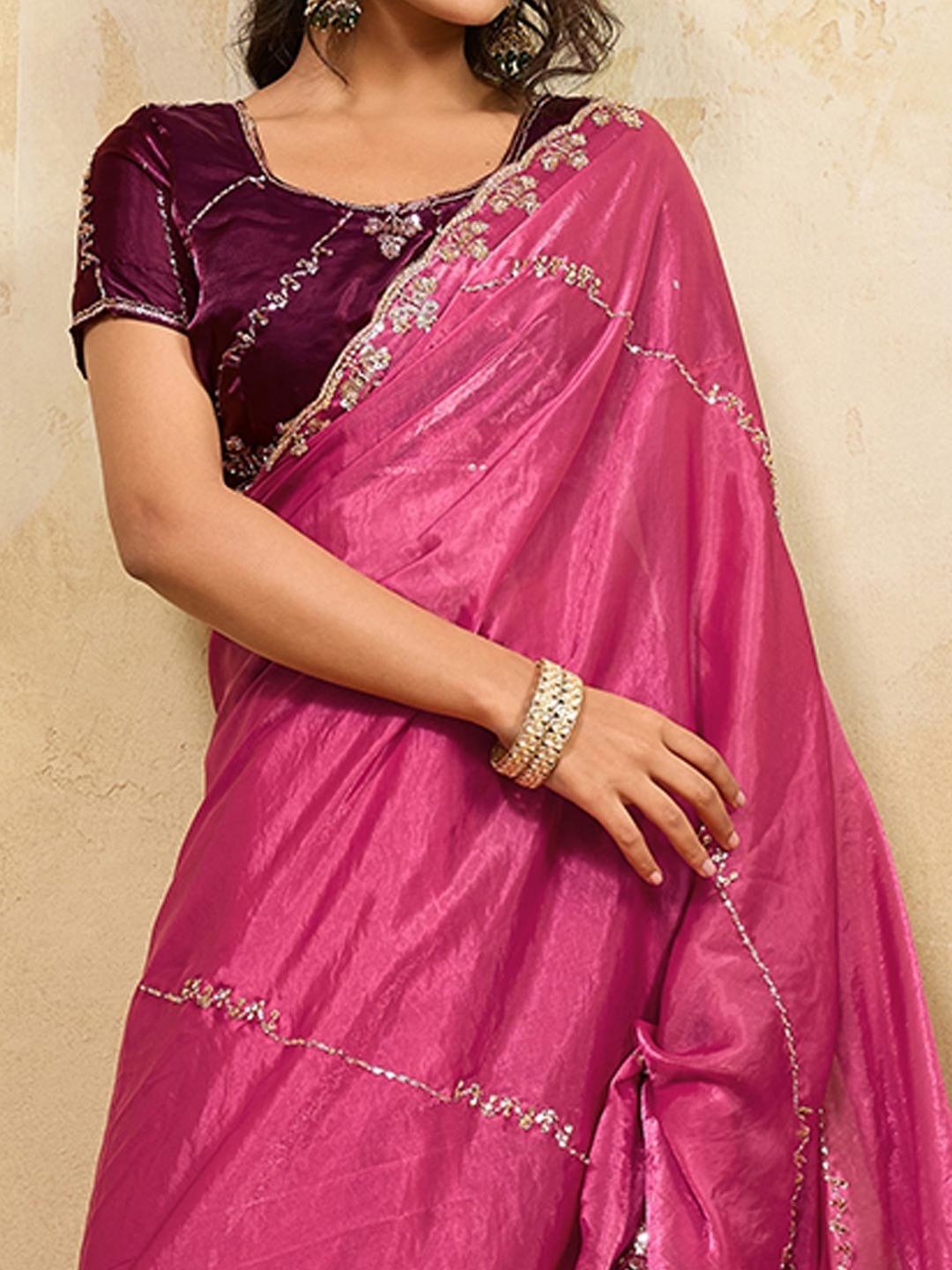 Elegant Pink Sequins Embroidered Velvet Satin Saree Adorned With Beads & Cutdana Work - Image 4