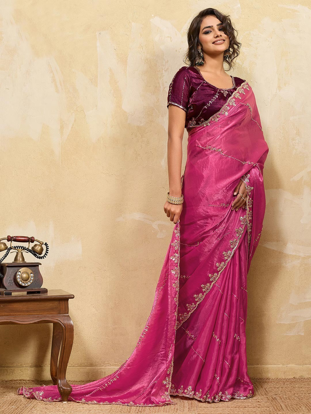 Elegant Pink Sequins Embroidered Velvet Satin Saree Adorned With Beads & Cutdana Work - Image 3