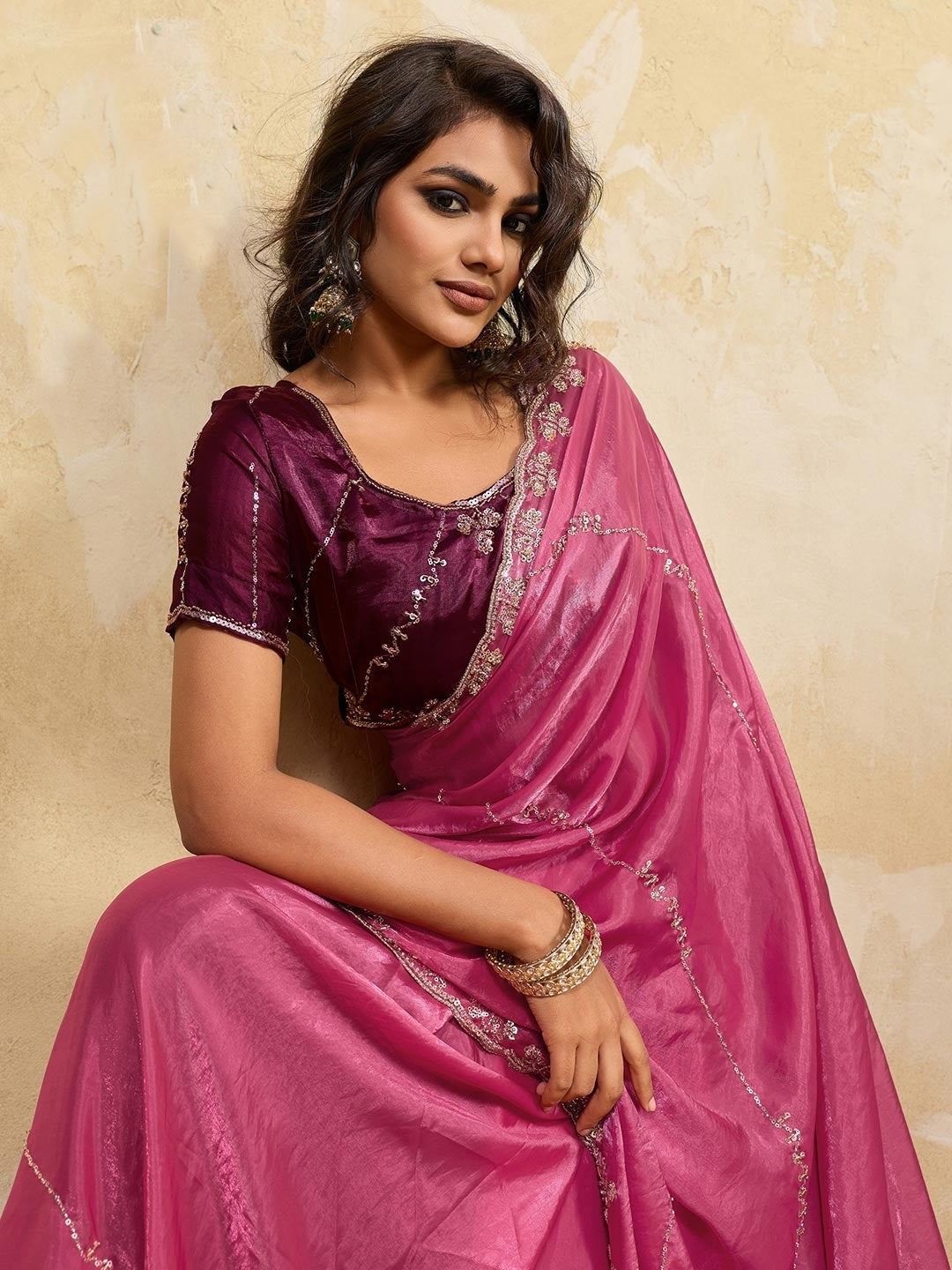 Elegant Pink Sequins Embroidered Velvet Satin Saree Adorned With Beads & Cutdana Work - Image 3