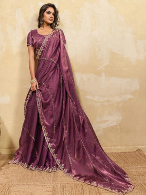 Elegant Mauve Sequins Embroidered Velvet Satin Saree Adorned With Beads & Cutdana Work - Image 1