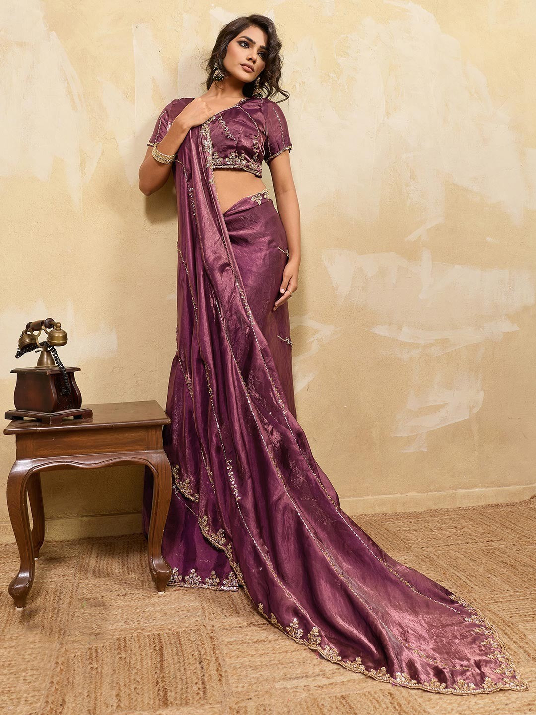 Elegant Mauve Sequins Embroidered Velvet Satin Saree Adorned With Beads & Cutdana Work - Image 2