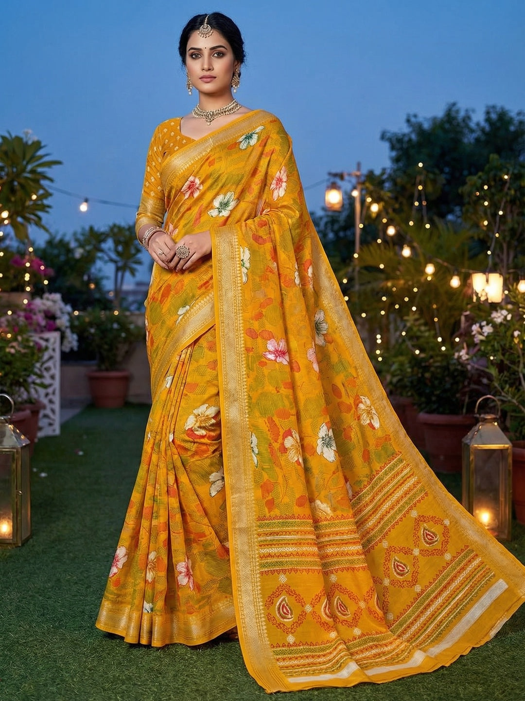 Mustard Chanderi Silk Saree with Floral Motifs and Border - Image 1