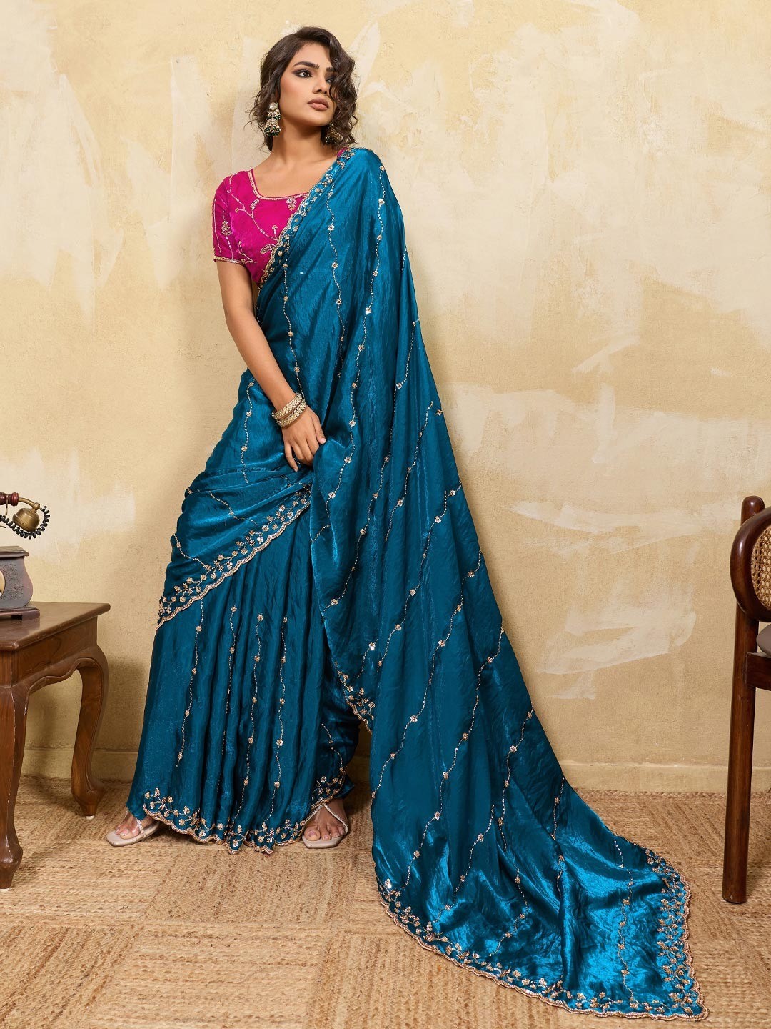Elegant Morpich Blue Sequins Embroidered Velvet Satin Saree Adorned With Beads & Cutdana Work - Image 1