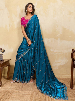 Elegant Morpich Blue Sequins Embroidered Velvet Satin Saree Adorned With Beads & Cutdana Work - Image 1
