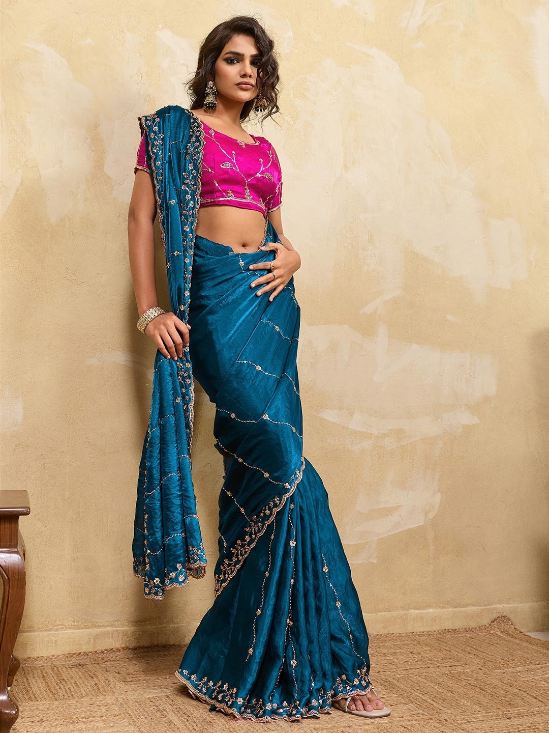 Elegant Morpich Blue Sequins Embroidered Velvet Satin Saree Adorned With Beads & Cutdana Work - Image 4