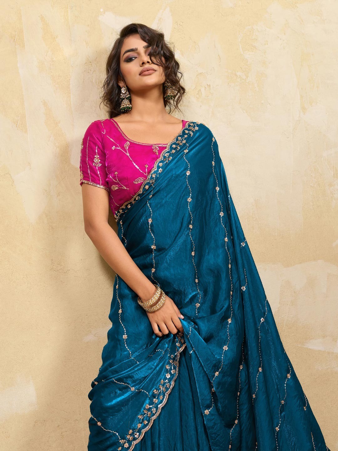 Elegant Morpich Blue Sequins Embroidered Velvet Satin Saree Adorned With Beads & Cutdana Work - Image 5