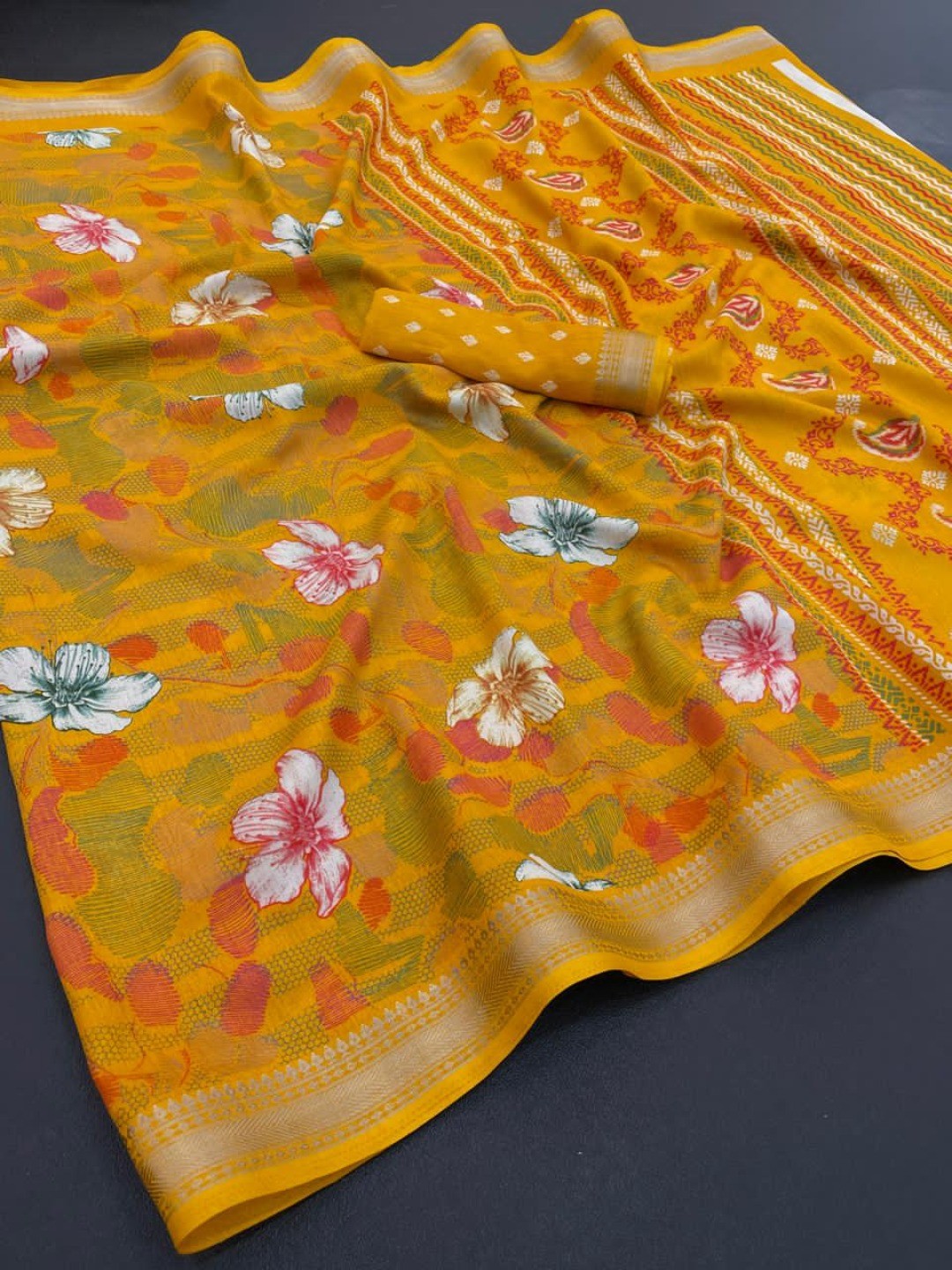 Mustard Chanderi Silk Saree with Floral Motifs and Border - Image 2