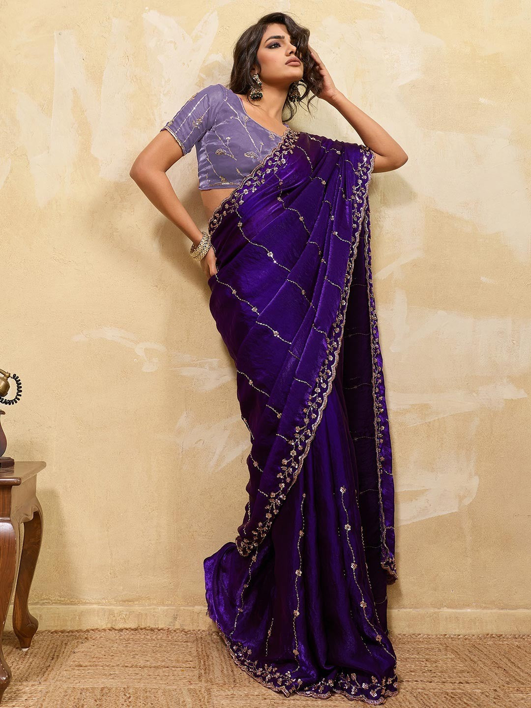 Elegant Violet Sequins Embroidered Velvet Satin Saree Adorned With Beads & Cutdana Work - Image 1