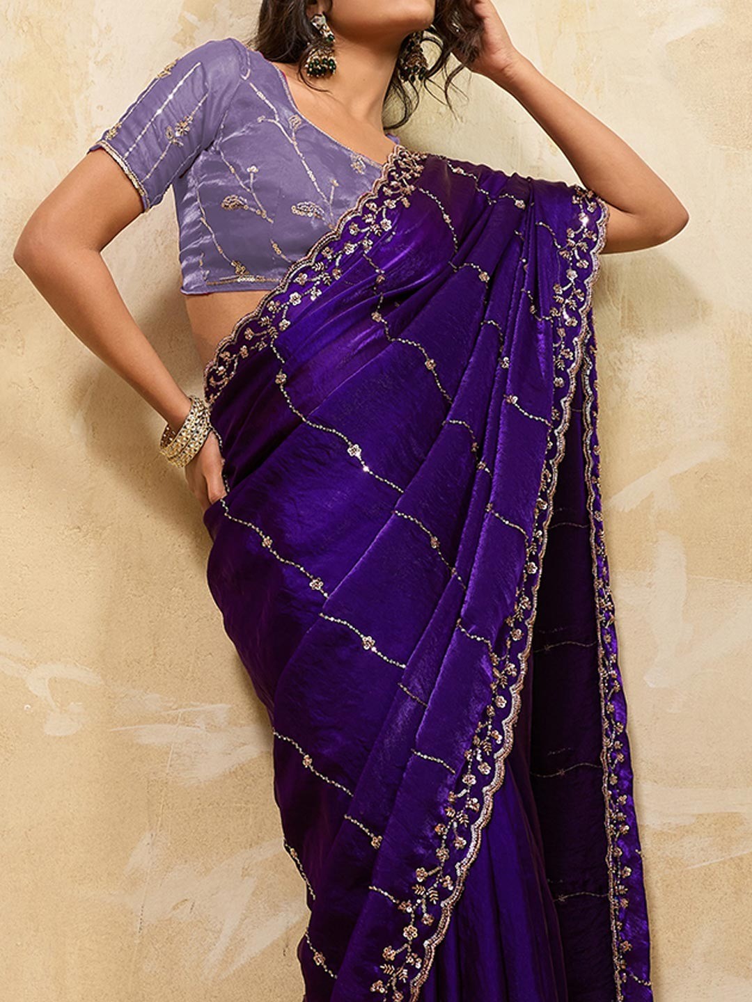 Elegant Violet Sequins Embroidered Velvet Satin Saree Adorned With Beads & Cutdana Work - Image 6