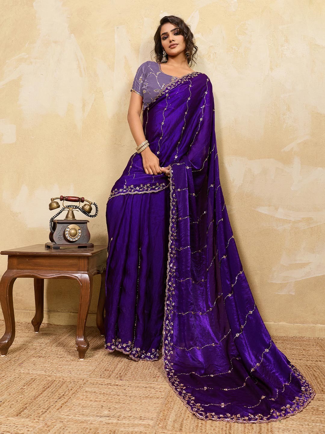 Elegant Violet Sequins Embroidered Velvet Satin Saree Adorned With Beads & Cutdana Work - Image 5