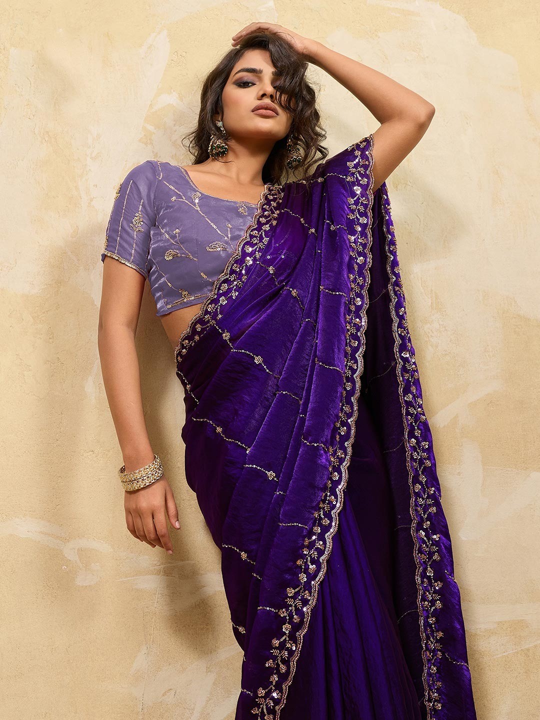 Elegant Violet Sequins Embroidered Velvet Satin Saree Adorned With Beads & Cutdana Work - Image 4