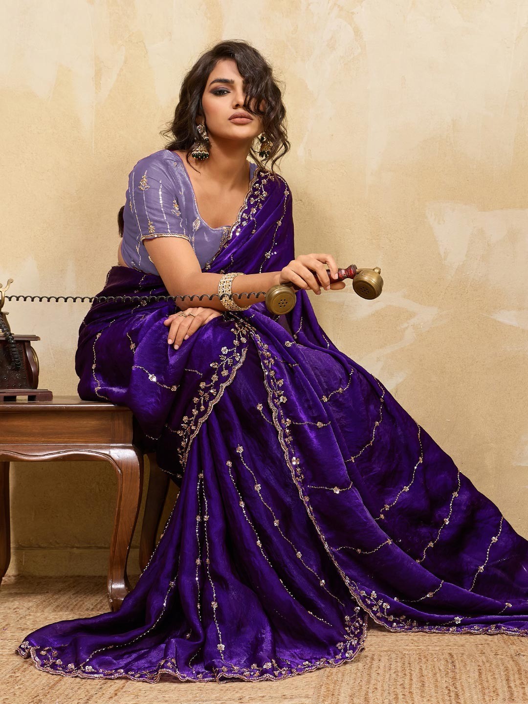 Elegant Violet Sequins Embroidered Velvet Satin Saree Adorned With Beads & Cutdana Work - Image 3