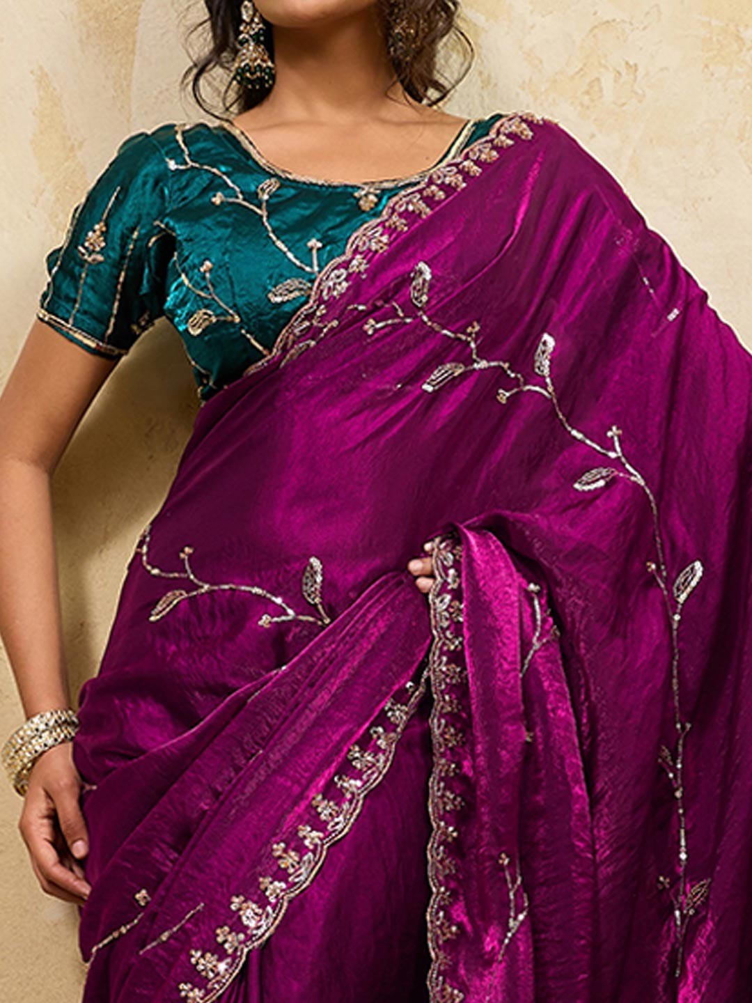 Elegant Dark Magenta Sequins Embroidered Velvet Satin Saree Adorned With Beads & Cutdana Work - Image 2