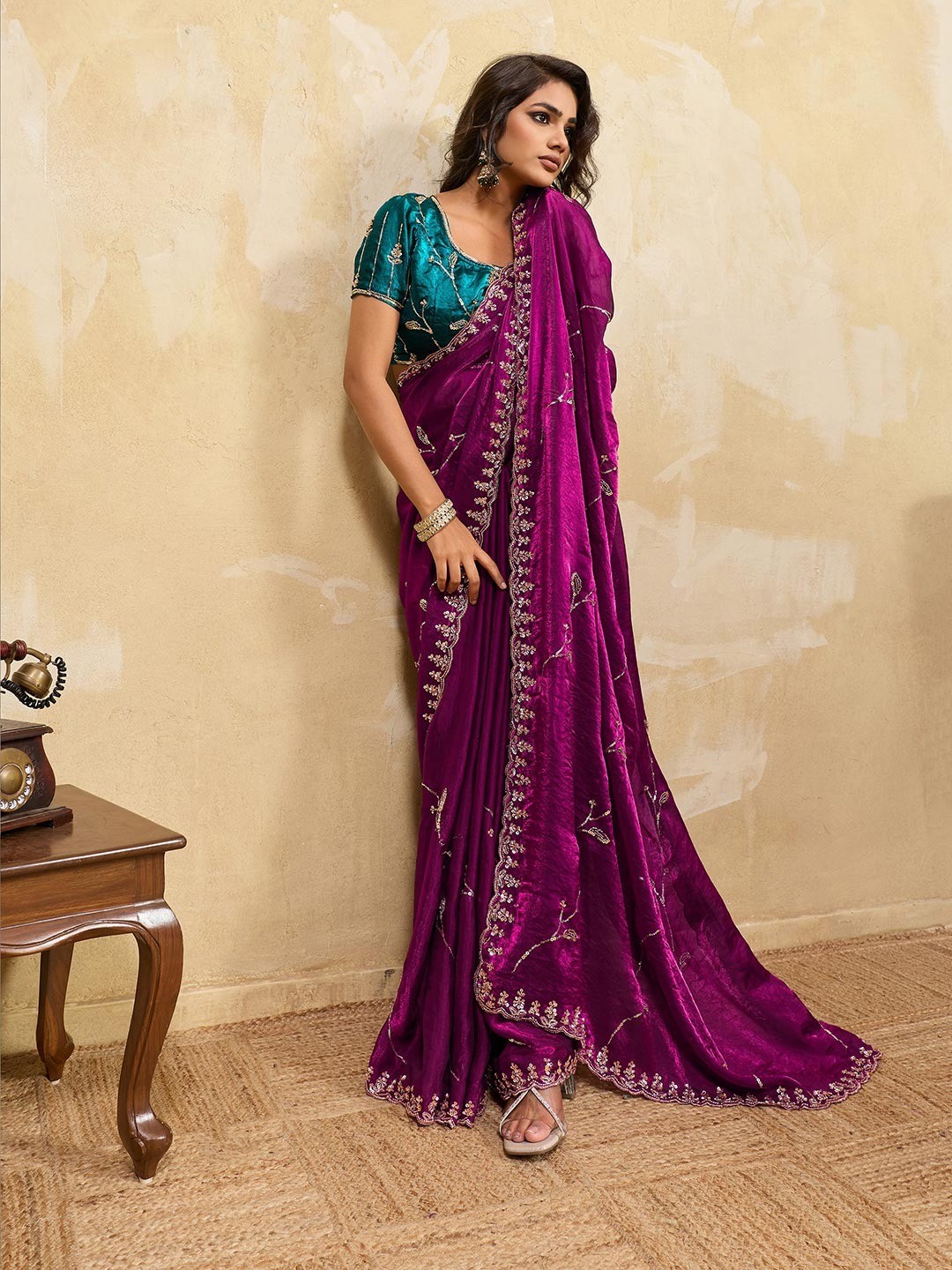 Elegant Dark Magenta Sequins Embroidered Velvet Satin Saree Adorned With Beads & Cutdana Work - Image 4