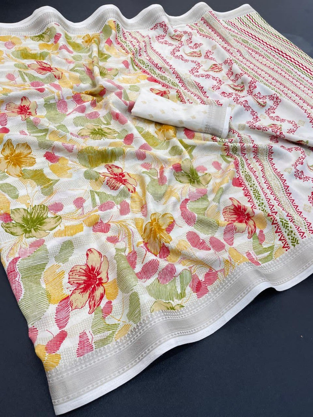 White Chanderi Silk Saree with Floral Motifs and Border - Image 2