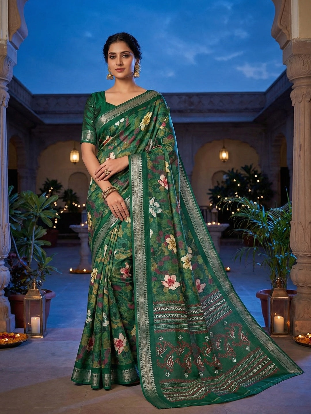 Green Chanderi Silk Saree with Floral Motifs and Border - Image 1