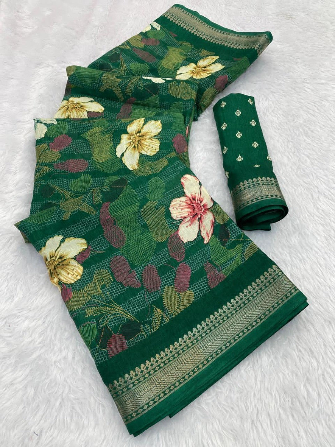 Green Chanderi Silk Saree with Floral Motifs and Border - Image 3