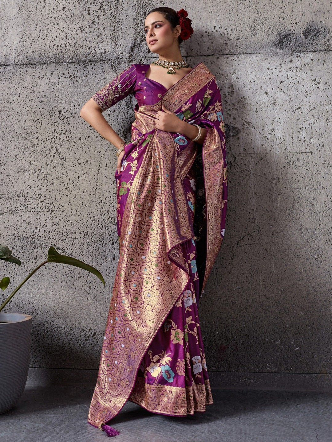 Wine Floral Weaving Banarasi Silk Saree With Fine Piping & Classy Tassels On The Corners - Image 1
