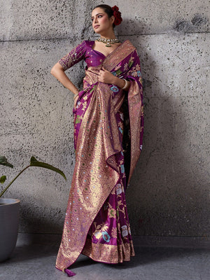 Wine Floral Weaving Banarasi Silk Saree With Fine Piping & Classy Tassels On The Corners - Image 1