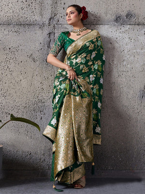 Bottle Green Floral Weaving Banarasi Silk Saree With Fine Piping & Classy Tassels On The Corners - Image 1