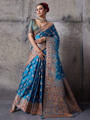 Traditional Blue Floral & Paisley Meenakari Woven Satin Silk Blend Saree With Tassel Pallu - Image 1
