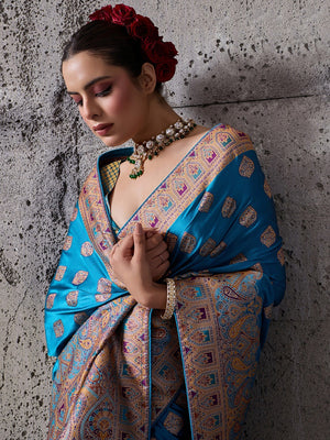 Traditional Blue Floral & Paisley Meenakari Woven Satin Silk Blend Saree With Tassel Pallu - Image 2