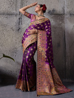 Traditional Purple Floral & Paisley Meenakari Woven Satin Silk Blend Saree With Tassel Pallu - Image 1
