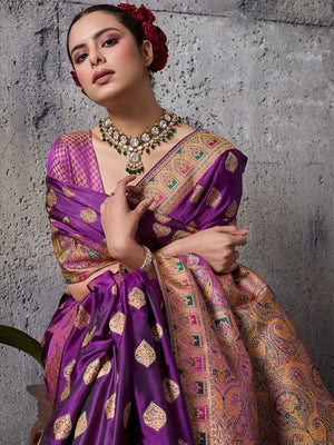 Traditional Purple Floral & Paisley Meenakari Woven Satin Silk Blend Saree With Tassel Pallu - Image 2