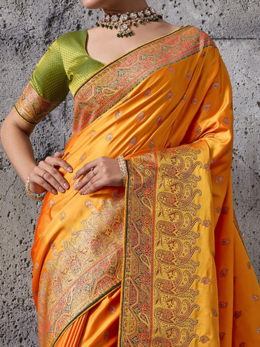 Traditional Orange Floral & Paisley Meenakari Woven Satin Silk Blend Saree With Tassel Pallu - Image 4