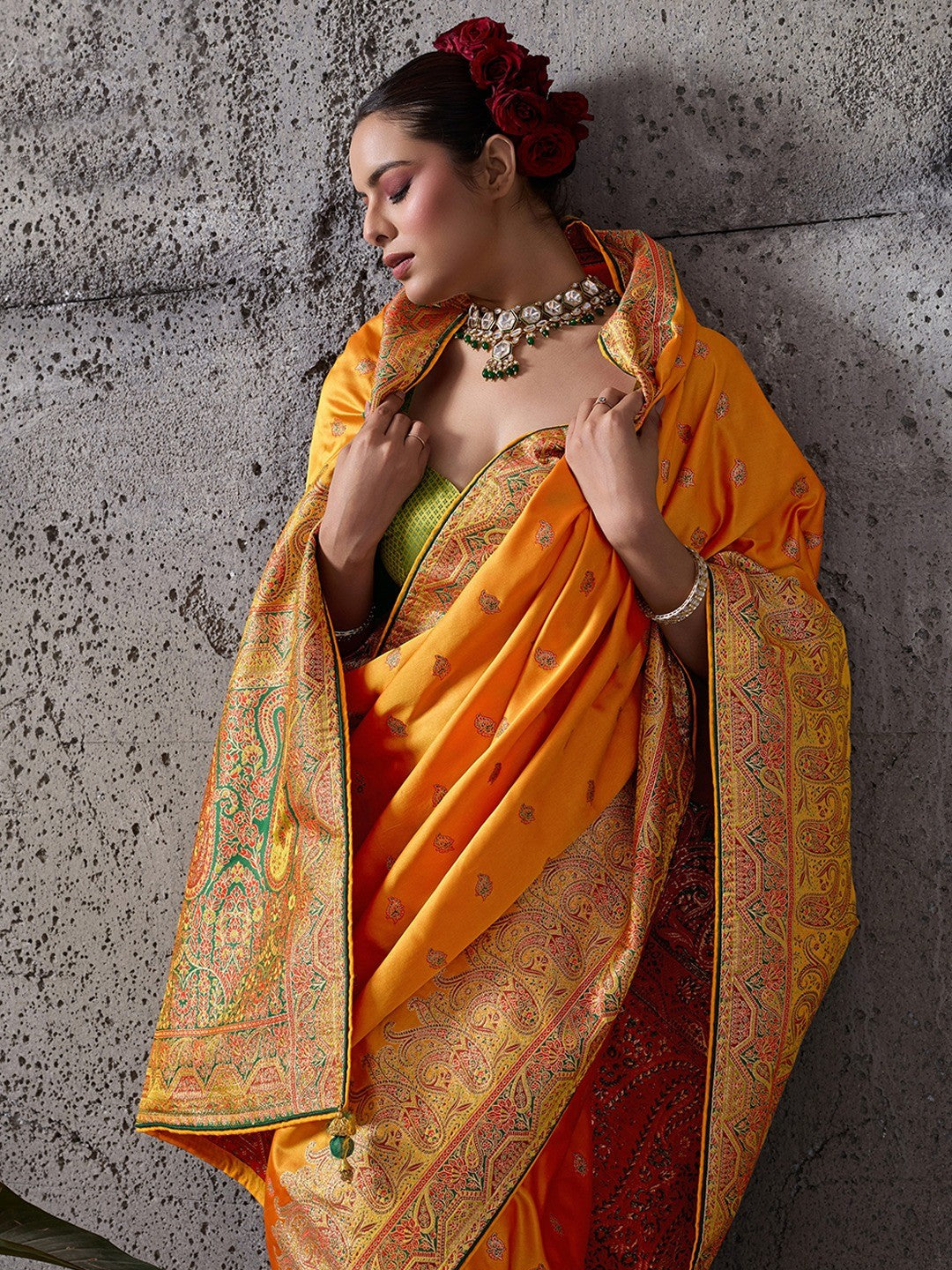 Traditional Orange Floral & Paisley Meenakari Woven Satin Silk Blend Saree With Tassel Pallu - Image 2