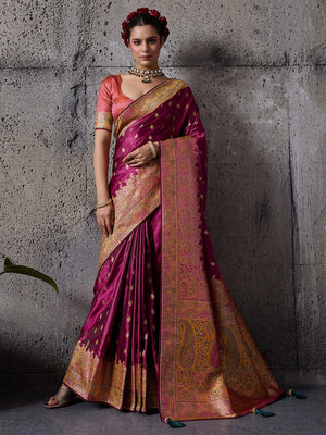 Traditional Magenta Floral & Paisley Meenakari Woven Satin Silk Blend Saree With Tassel Pallu - Image 1