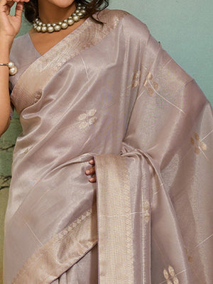 Elegant Grey Zari Butti Weaving Tissue Linen Saree With Traditional Chit Pallu - Image 2